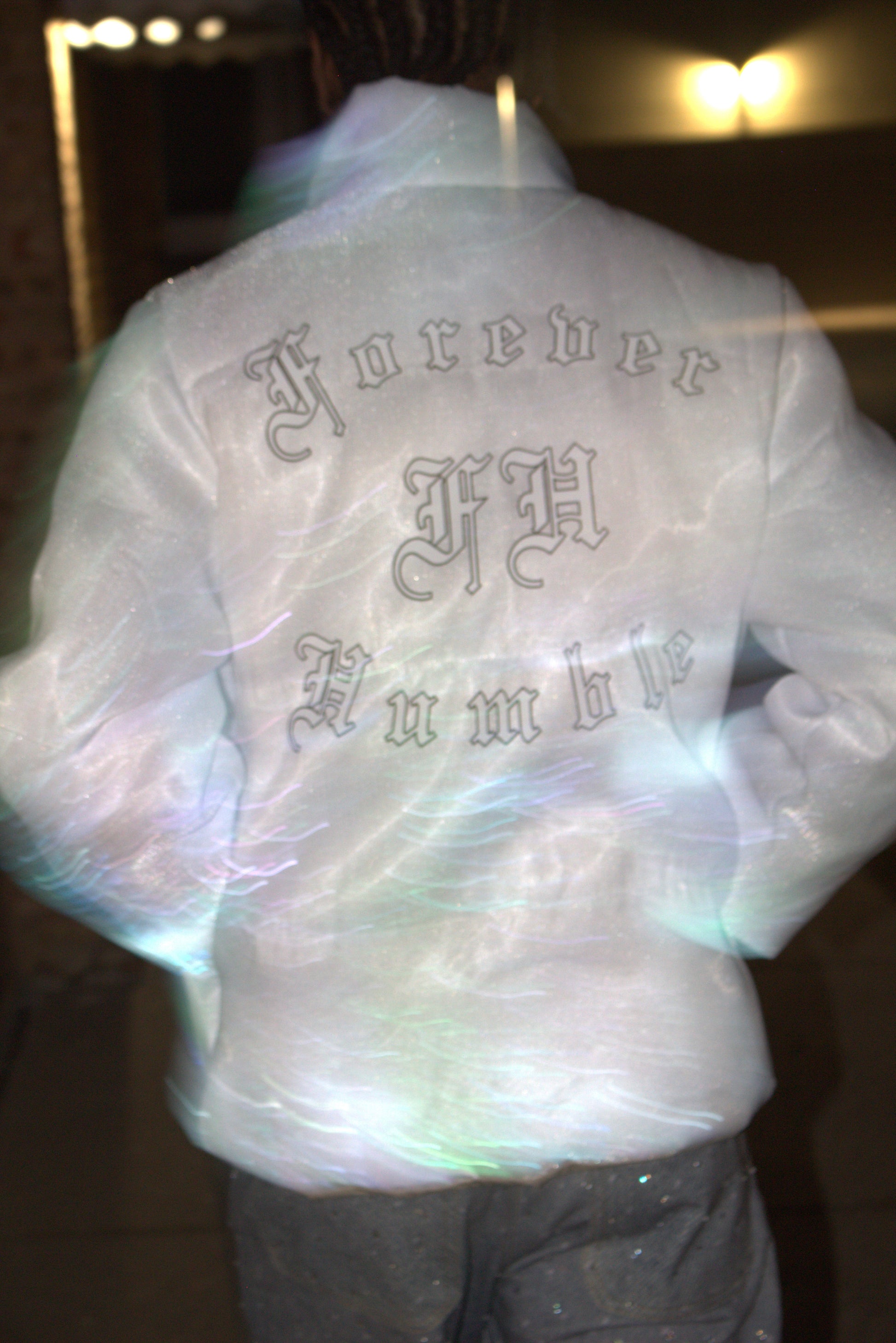 LED Reflective Puffer Jacket with Forever Humble Inscription