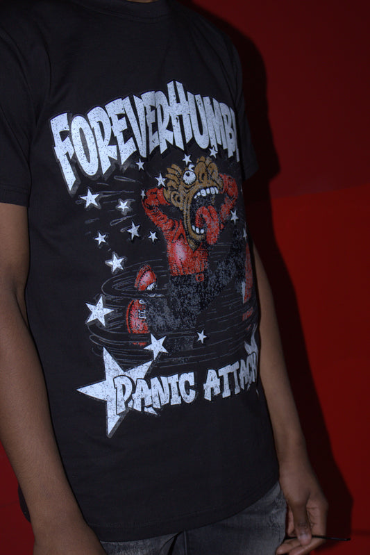 Black t-shirt with 'Forever Huml Panic Attack' graphic design 